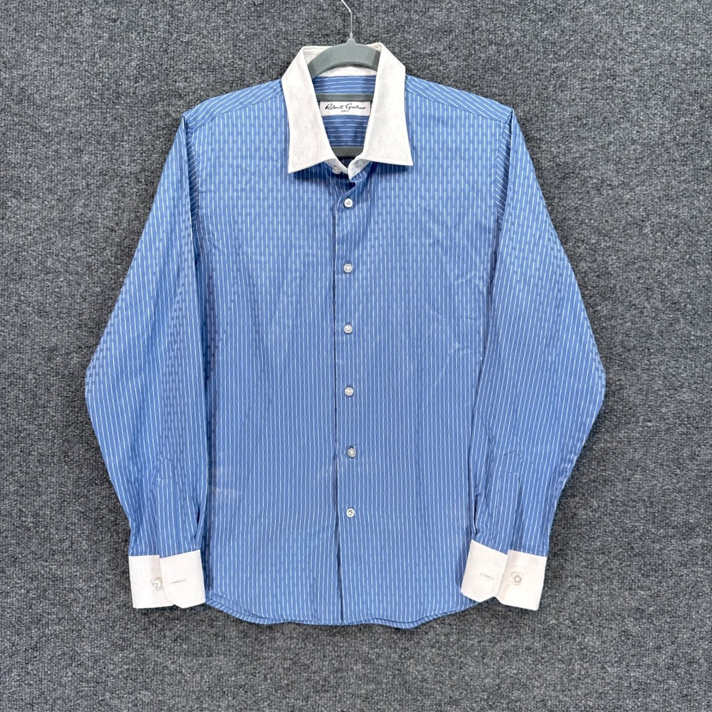 Robert Graham Shirt Boys Large 14-16 Blue White Stripe Paisley Contrast Kids